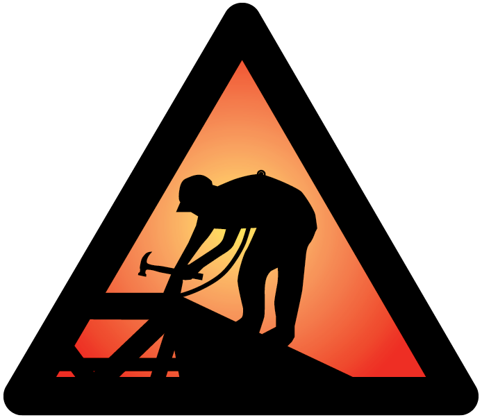 Falls Campaign logo of the silhouette of a roofer tied off with a fall protection harness working on a roof. The worker is holding a hammer. The logo is in the shape of a triangle and there is an orange sunset background behind the worker.