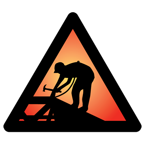 Falls Campaign logo of the silhouette of a roofer tied off with a fall protection harness working on a roof. The worker is holding a hammer. The logo is in the shape of a triangle and there is an orange sunset background behind the worker.